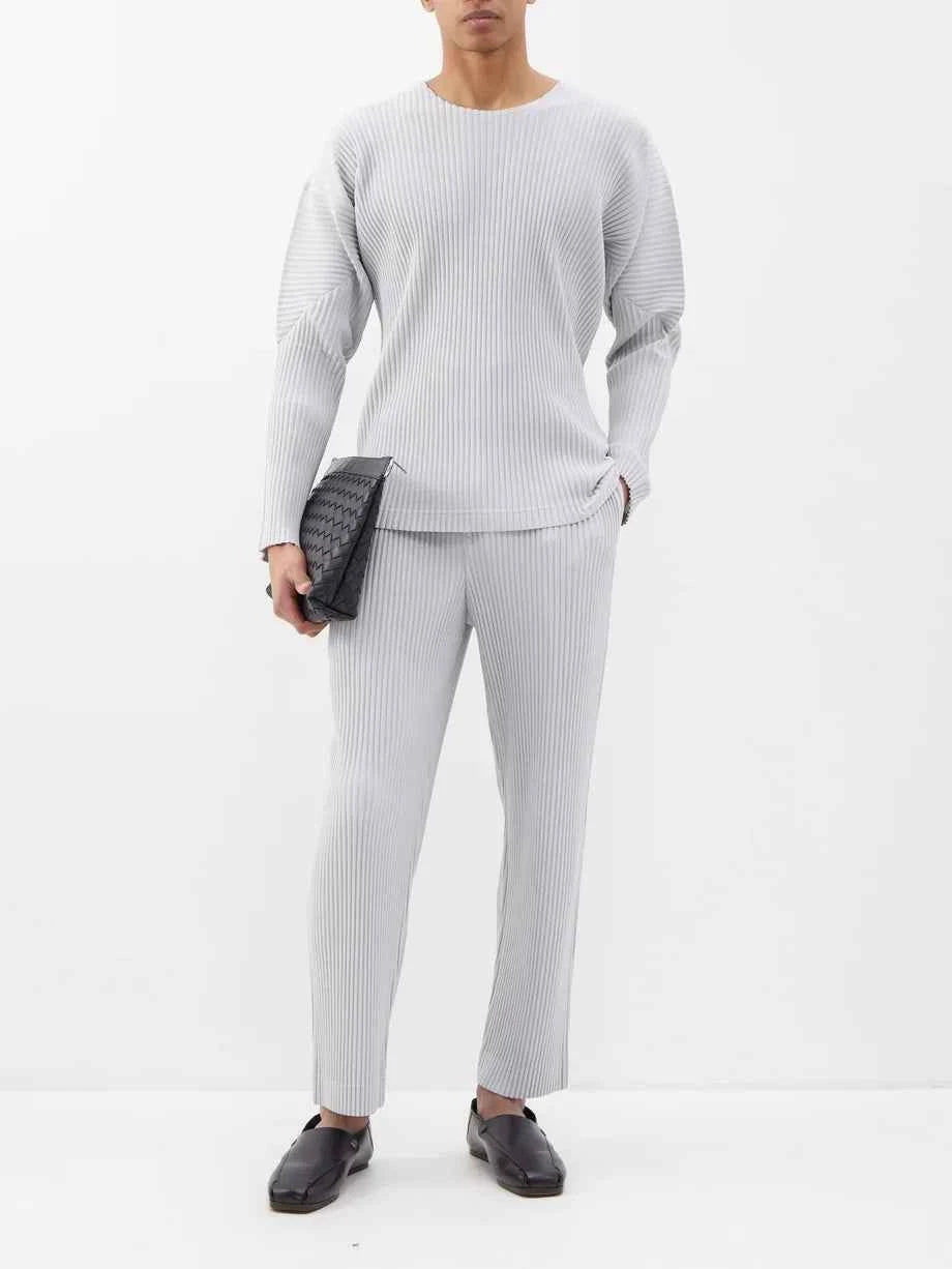 Miyake Pleated Mens Trousers Baggy Straight Fit Casual Japanese Style Pants High Quality Fabric
