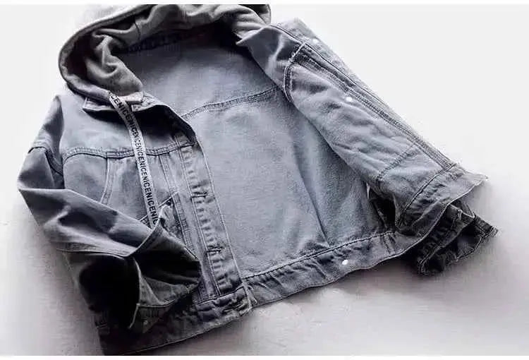 Women Hooded Denim Jacket Spring Autumn With Long Sleeves And Big Pockets Korean Style Single Breasted
