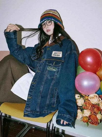 Retro Denim Jacket For Women 2024 Single Breasted Long Sleeve Loose Fit Korean Fashion Turn Down Collar Jean Blue Coat