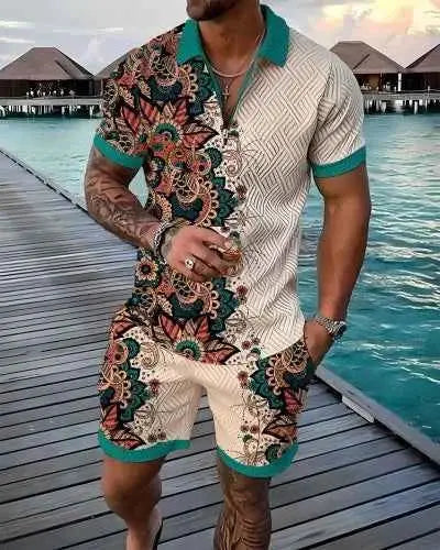 Mens Summer Tracksuit Set 3D Printed Casual Short Sleeve T Shirt With Lapel Zip Polo For Jogging
