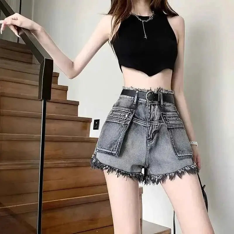 Korean Style High Waist Cargo Denim Shorts For Women Flowing Elastic Fit Trend 2025 Jeans Pants
