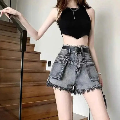 Korean Style High Waist Cargo Denim Shorts For Women Flowing Elastic Fit Trend 2025 Jeans Pants