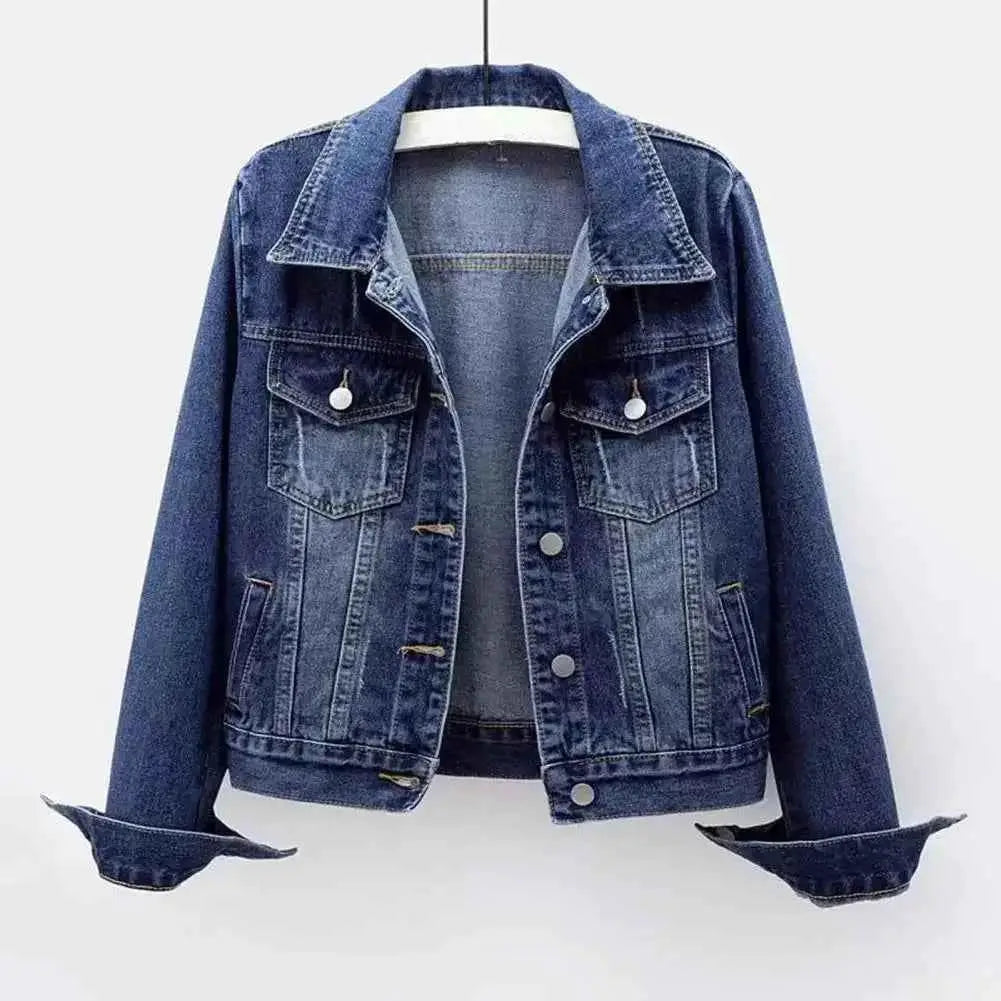 Women Denim Jacket Single Breasted Chest Flap Pocket Long Sleeve Slim Fit Retro Outerwear