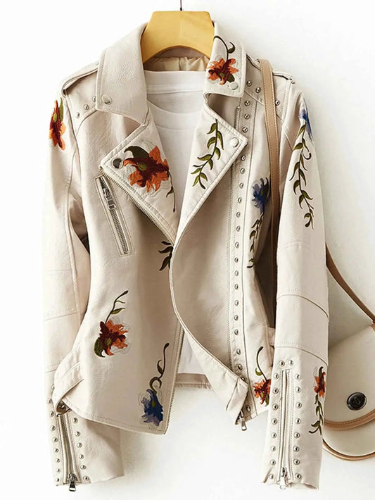 Women Rivet Floral Embroidery Moto Jacket Faux PU Leather Outerwear Black Punk Biker Style