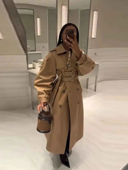 Khaki Women Windbreaker Jacket Double Belt Long Sleeve Lapel Button Casual Streetwear 2025 Autumn Winter