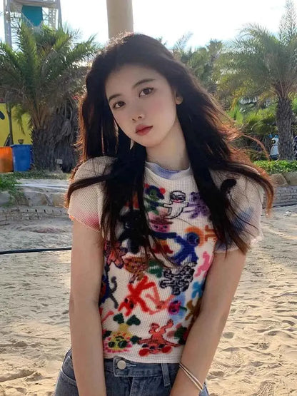 Womens Harajuku Korean Y2K Graphic Print Short Sleeve T Shirt O Neck Top Vintage Streetwear Summer