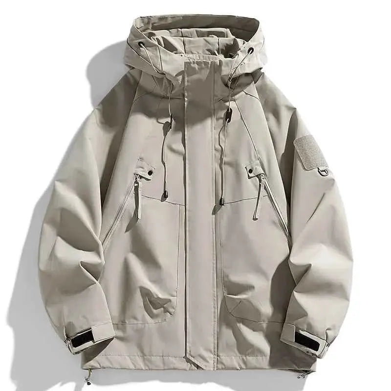 Men's Windbreaker Hooded Jacket Waterproof Softshell Zipper Coat Cargo Pockets Black For Outdoor Hiking Camping
