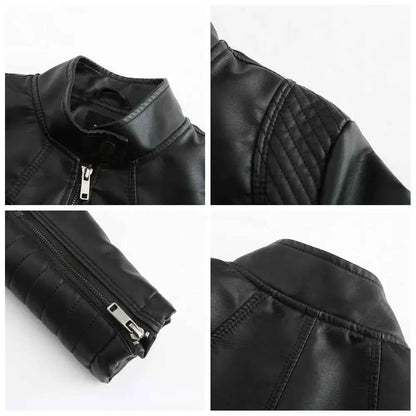 2026 Women's Slim Leather Jacket With Stand Up Collar Zipper Stitching Monochrome PU Coat Fashion Clothing