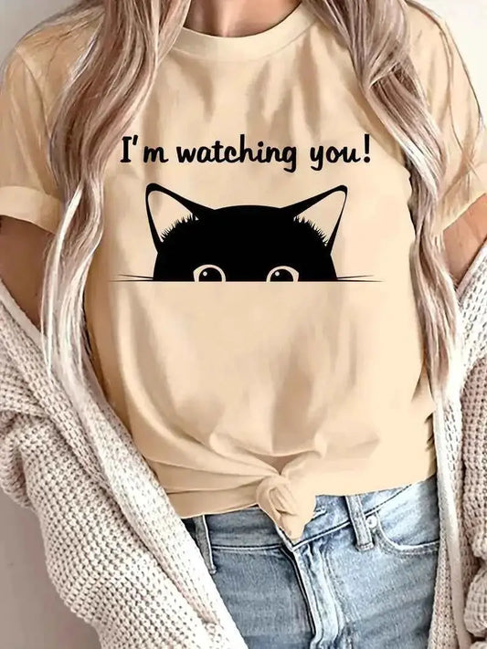 Women's Cat T Shirt Cute Cartoon Cat Graphic Print Short Sleeve Tee Im Watching You
