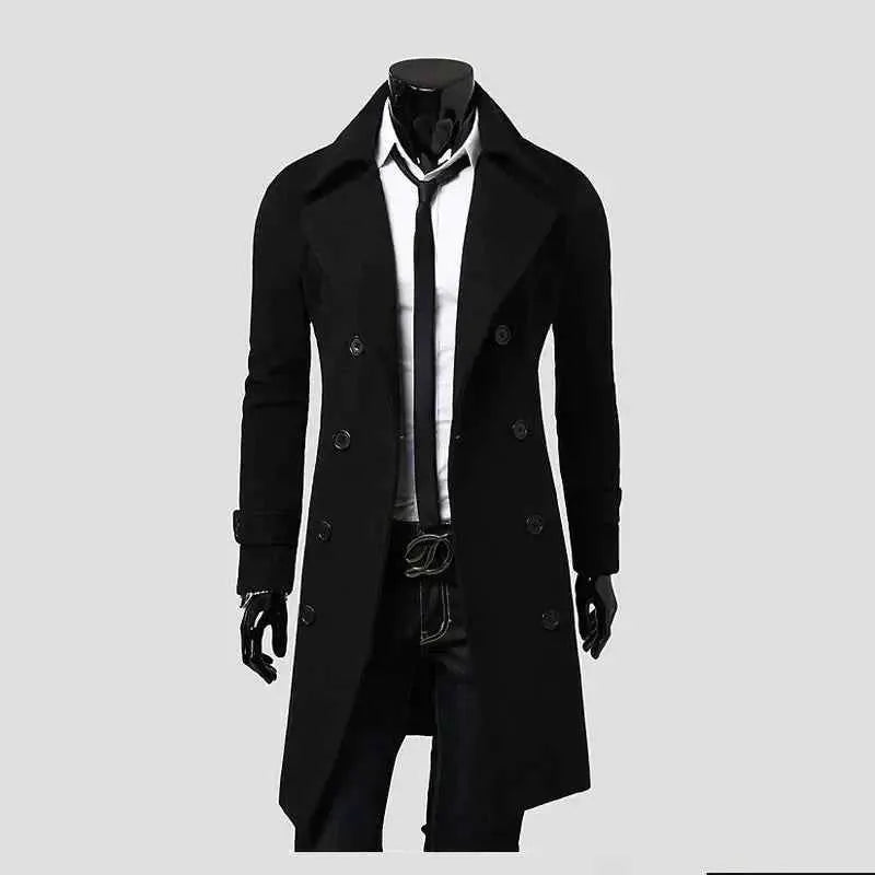 Mens Double Breasted Wool Blend Trench Coat For Autumn Winter 2025 Solid Slim Fit Long Jacket Fashion Casual Clothing