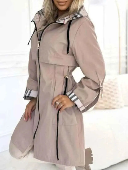 Autumn Winter Splicing Plaid Windbreaker Coat For Women Hooded Zipper Pocket Drawstring Waist Long Jacket
