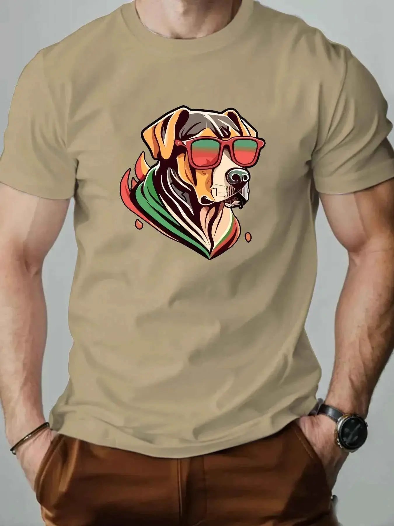 Men's Colorful Puppy Pattern Graphic Tee Breathable Oversized Summer Round Neck Hip Hop Style Premium Quality Cotton