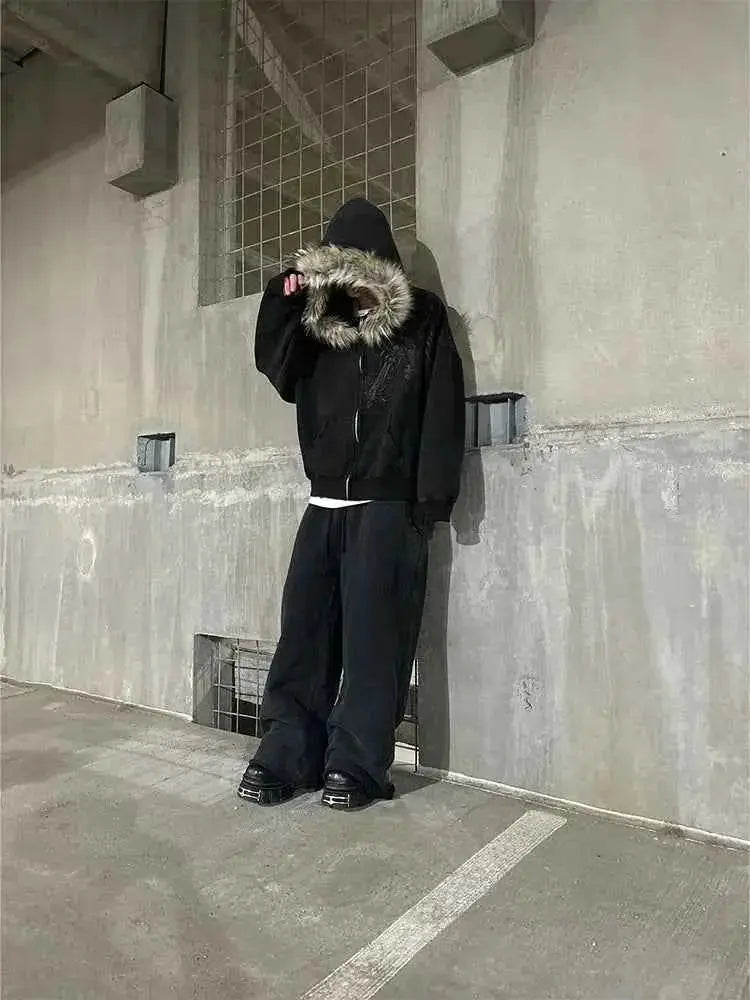 Women's Autumn Winter Y2K Harajuku Faux Fur Collar Zip Up Hoodie Graphic Hip Hop Punk Gothic | TeenStylo — TeenStylo