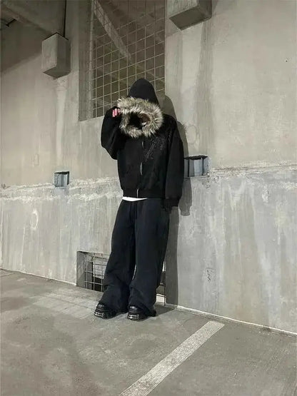 Women's Autumn Winter Y2K Harajuku Faux Fur Collar Zip Up Hoodie Graphic Hip Hop Punk Gothic | TeenStylo — TeenStylo