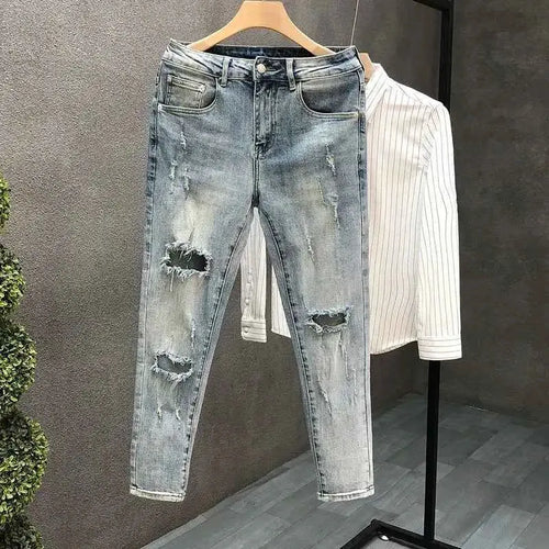 Mens Tapered Jeans Pants Harajuku Style 2025 Korean Fashion Light Blue Summer Y2K 2000s Cowboy Denim