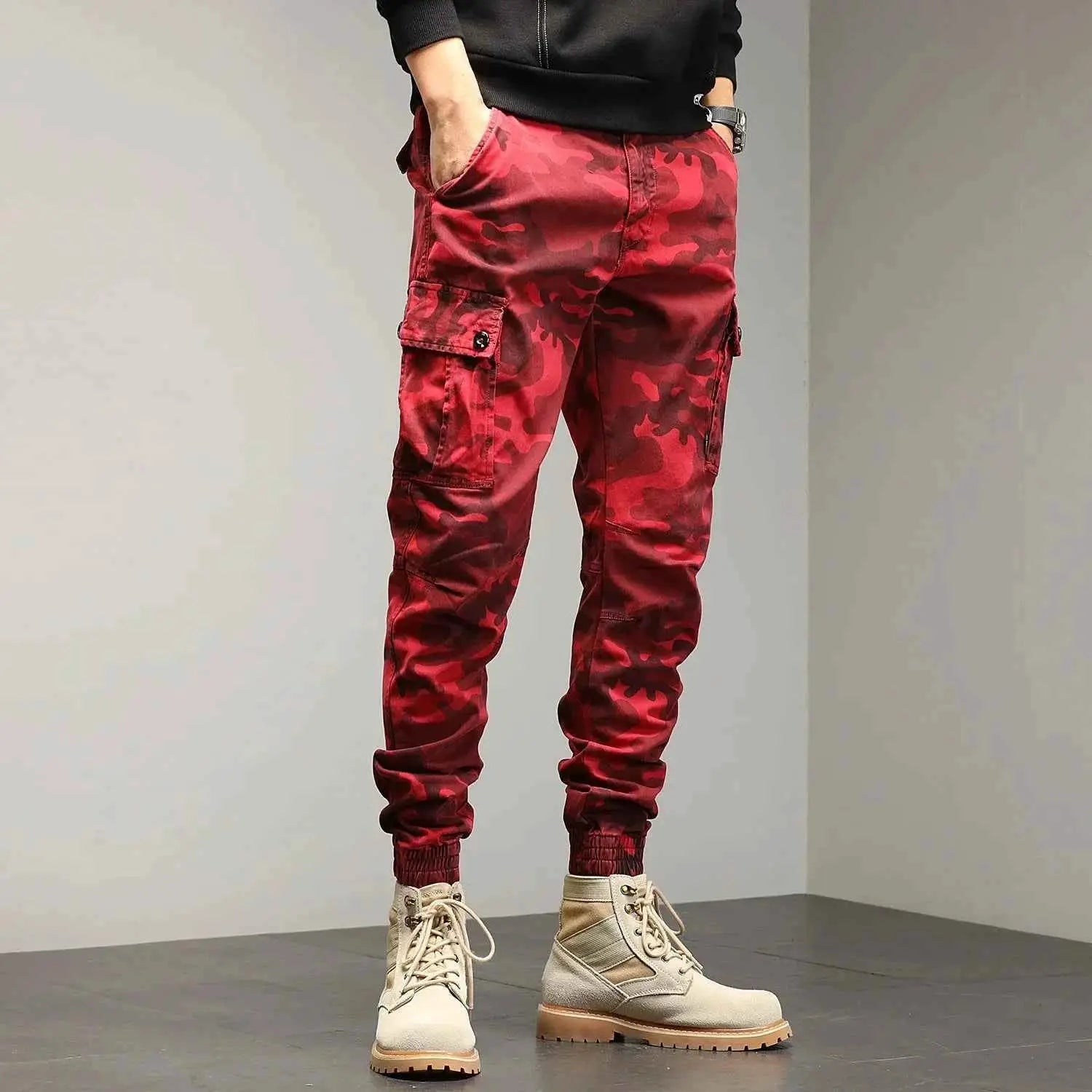 HIQOR Red Cargo Pants For Men Outdoor Cotton Camouflage Trousers Work Joggers Streetwear Camo Hiking Pants