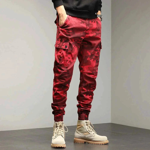 HIQOR Red Cargo Pants For Men Outdoor Cotton Camouflage Trousers Work Joggers Streetwear Camo Hiking Pants