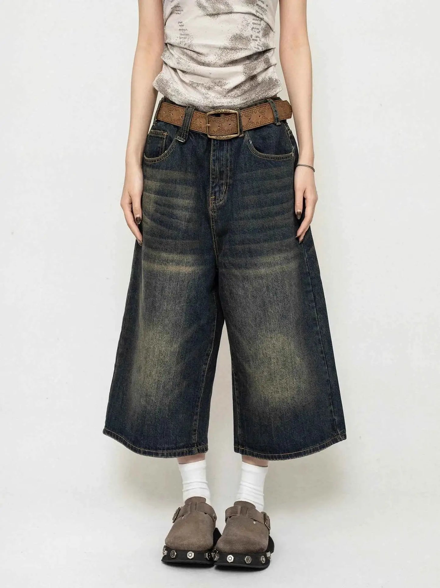 Harajuku Vintage High Waist Black Washed Denim Shorts Womens Streetwear Casual Loose Fit Y2K Mid Long Short