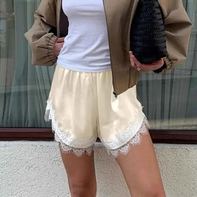 Women Y2K Silk Lace Trim Shorts Pajama Micro Mini Slip Boxer Lounge Low Rise Bottoms Streetwear