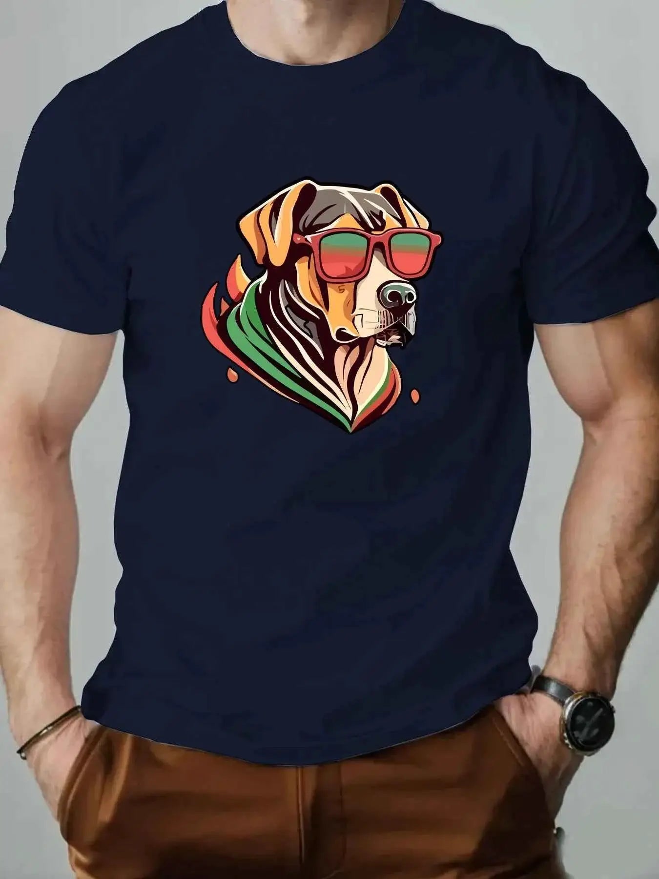 Men's Colorful Puppy Pattern Graphic Tee Breathable Oversized Summer Round Neck Hip Hop Style Premium Quality Cotton