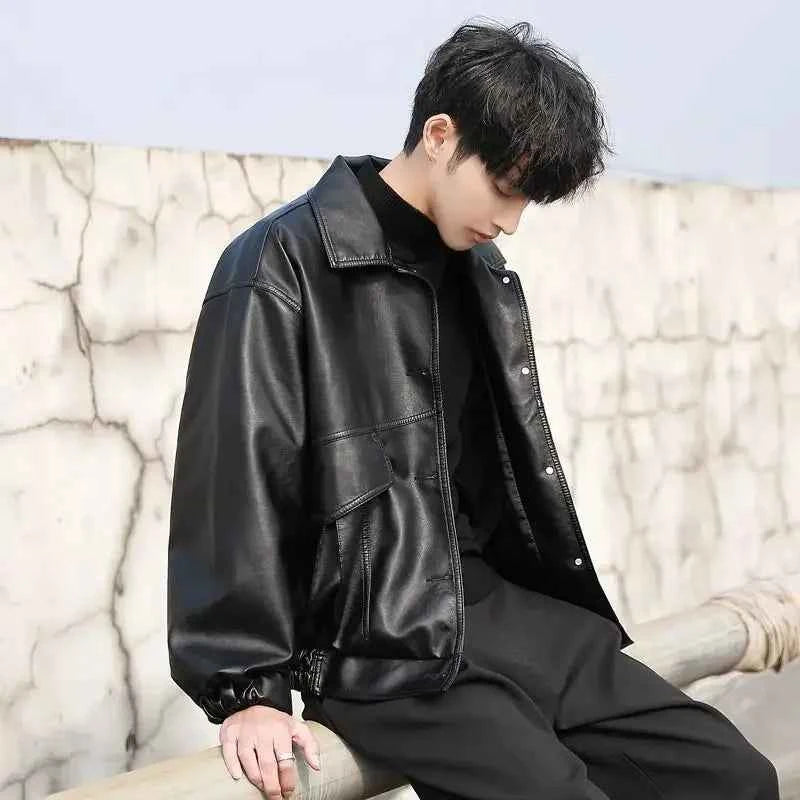 Mens Loose Style Leather Jacket Motorcycle Biker Bomber Coat For Men Fashion Leather Coats 2023