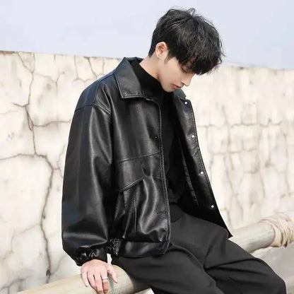 Mens Loose Style Leather Jacket Motorcycle Biker Bomber Coat For Men Fashion Leather Coats 2023