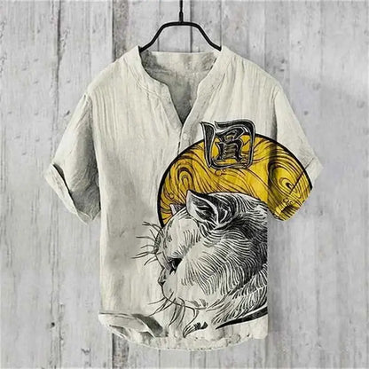 Summer Linen Blend Men's V Neck Short Sleeve T Shirt With The Great Wave Off Kanagawa Print