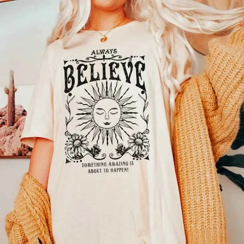 Vintage Witch Tee Shirt Always Believe Women Oversized Inspirational Retro Celestial Mystical T Shirts Hippie Boho Tops