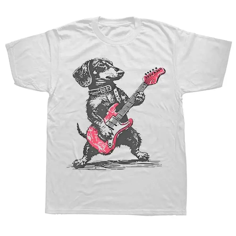 Vintage Dachshund Playing Guitar Graphic Tee For Men Music Lover Y2K Style Funny Rock Hip Hop Streetwear Tee