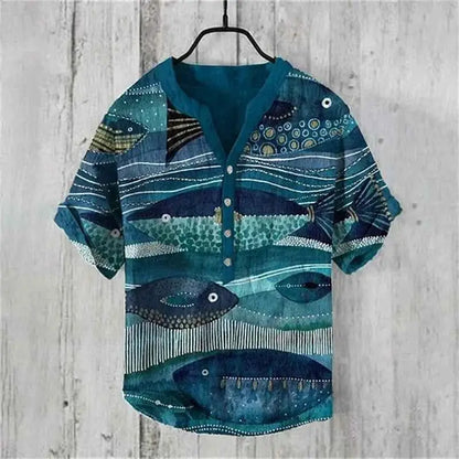 Summer Linen Blend Men's V Neck Short Sleeve T Shirt With The Great Wave Off Kanagawa Print