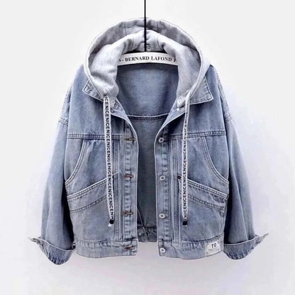 Women Hooded Denim Jacket Spring Autumn With Long Sleeves And Big Pockets Korean Style Single Breasted