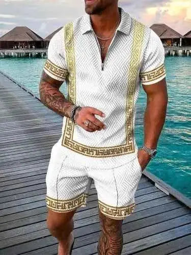 Mens Summer Tracksuit Set 3D Printed Casual Short Sleeve T Shirt With Lapel Zip Polo For Jogging