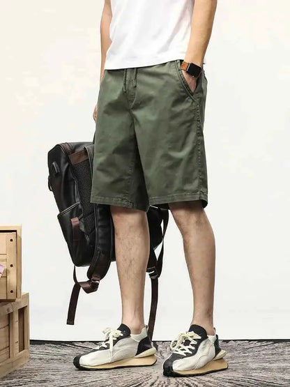 Summer Casual Men Elastic Waist Stretch Cotton Drawstring Cargo Shorts Bermuda Relaxed Workwear