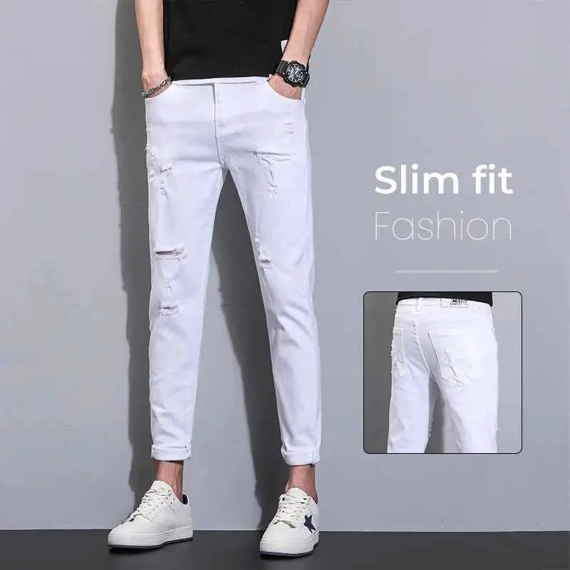 Autumn White Men's Slim Fit Jeans Cotton Stretch Denim Trousers Classic Casual Straight Leg Korea Fashion