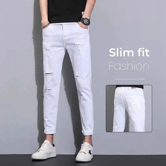 Autumn White Men's Slim Fit Jeans Cotton Stretch Denim Trousers Classic Casual Straight Leg Korea Fashion
