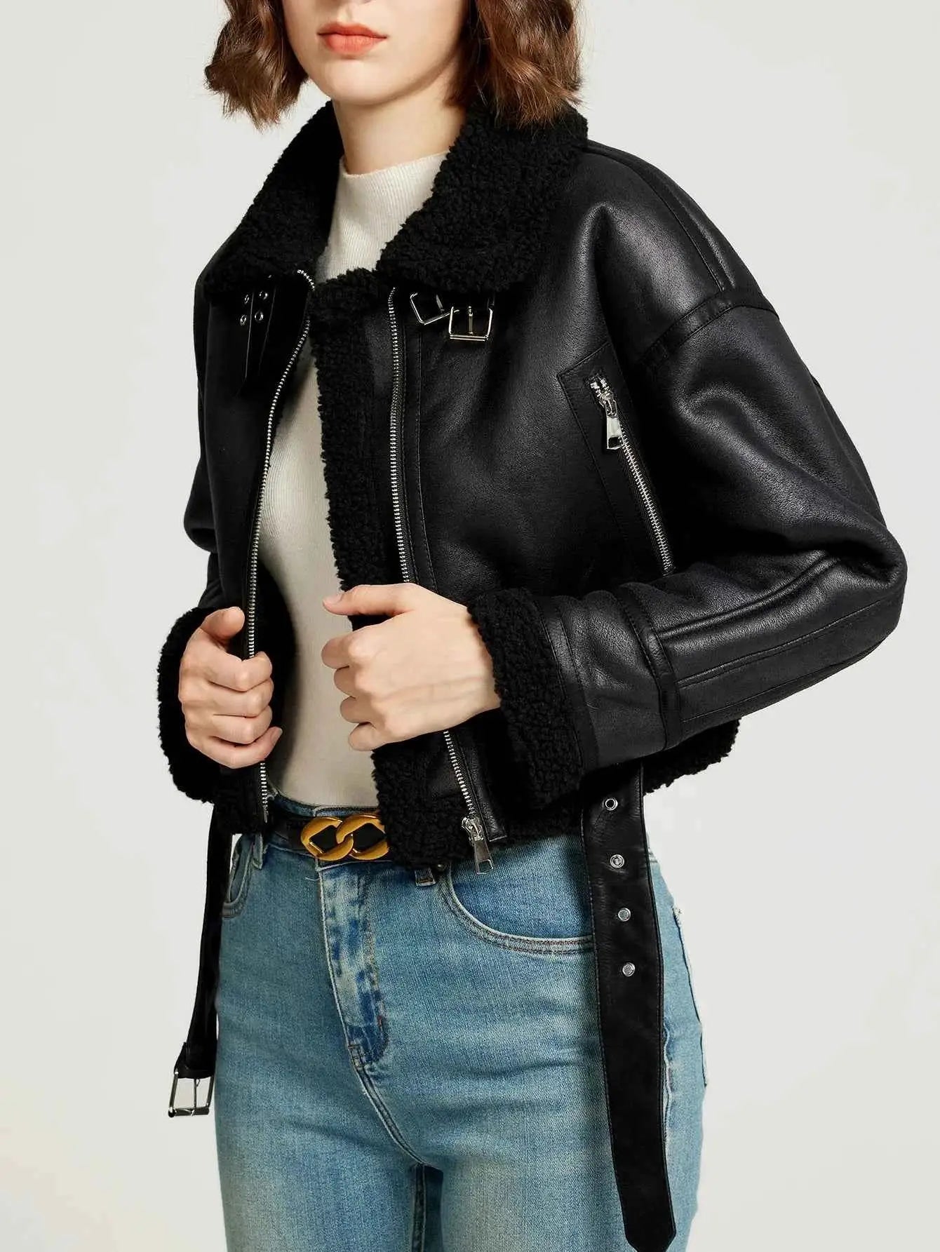 Fitaylor Winter Faux Lambswool Leather Jacket For Women High Street Motorcycle Outerwear Casual Short Coat