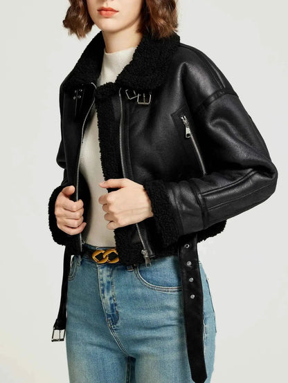 Fitaylor Winter Faux Lambswool Leather Jacket For Women High Street Motorcycle Outerwear Casual Short Coat