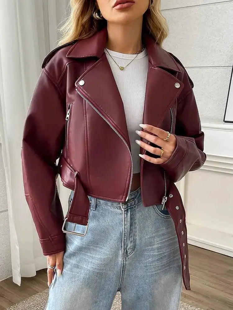 Women Faux PU Leather Short Jacket Belted Motorcycle Style Zipper Lapel Spring Autumn Outwear
