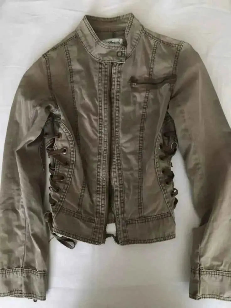 Y2K Retro Army Green Zipper Jacket for Women Harajuku Slim Fit Denim Coat Autumn Winter Short Stand Collar Goth Style