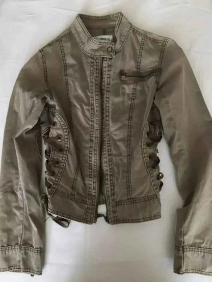 Y2K Retro Army Green Zipper Jacket for Women Harajuku Slim Fit Denim Coat Autumn Winter Short Stand Collar Goth Style