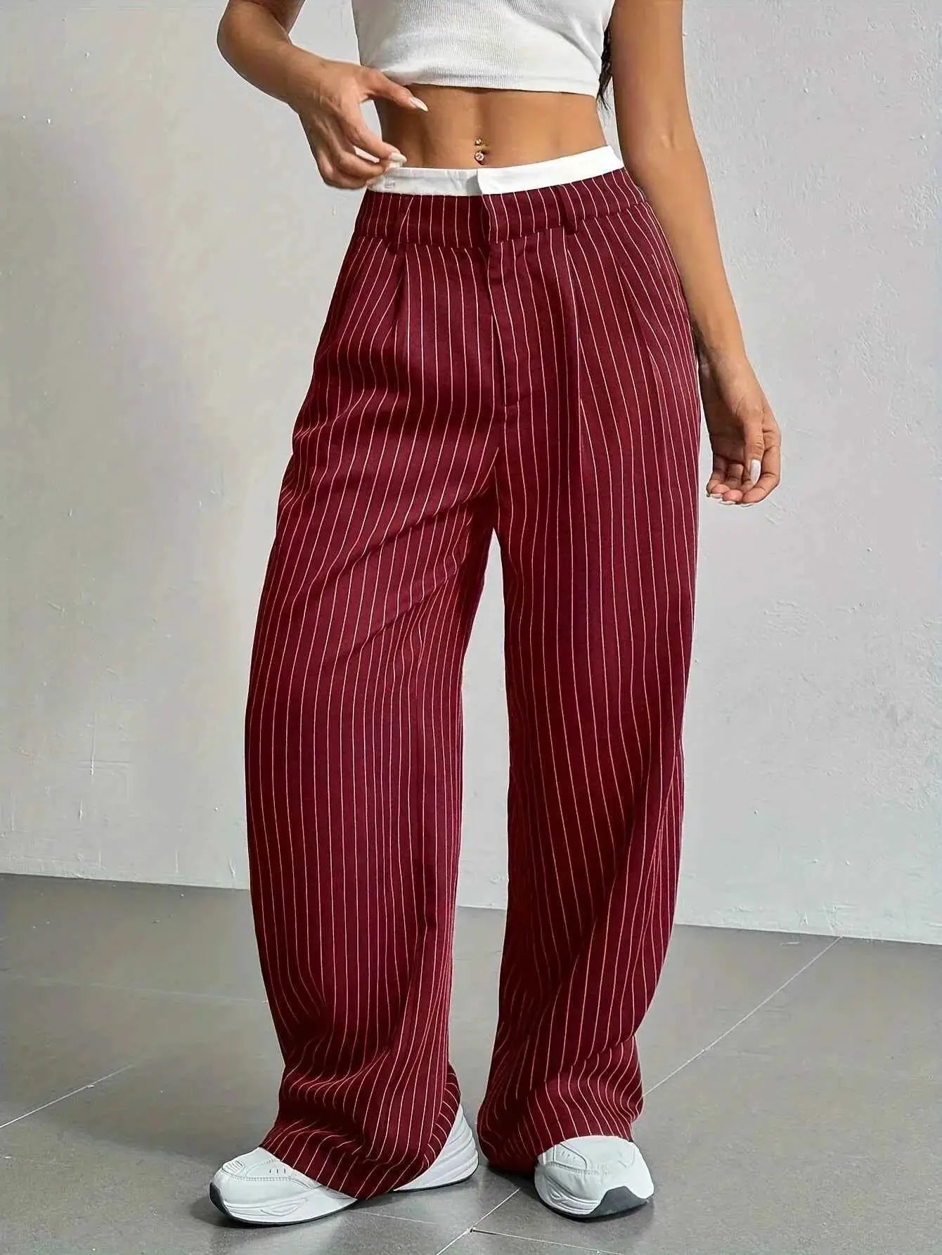 Women Striped Printed Full Length Pants High Waist Loose Wide Leg Trousers Casual Y2K Fashion