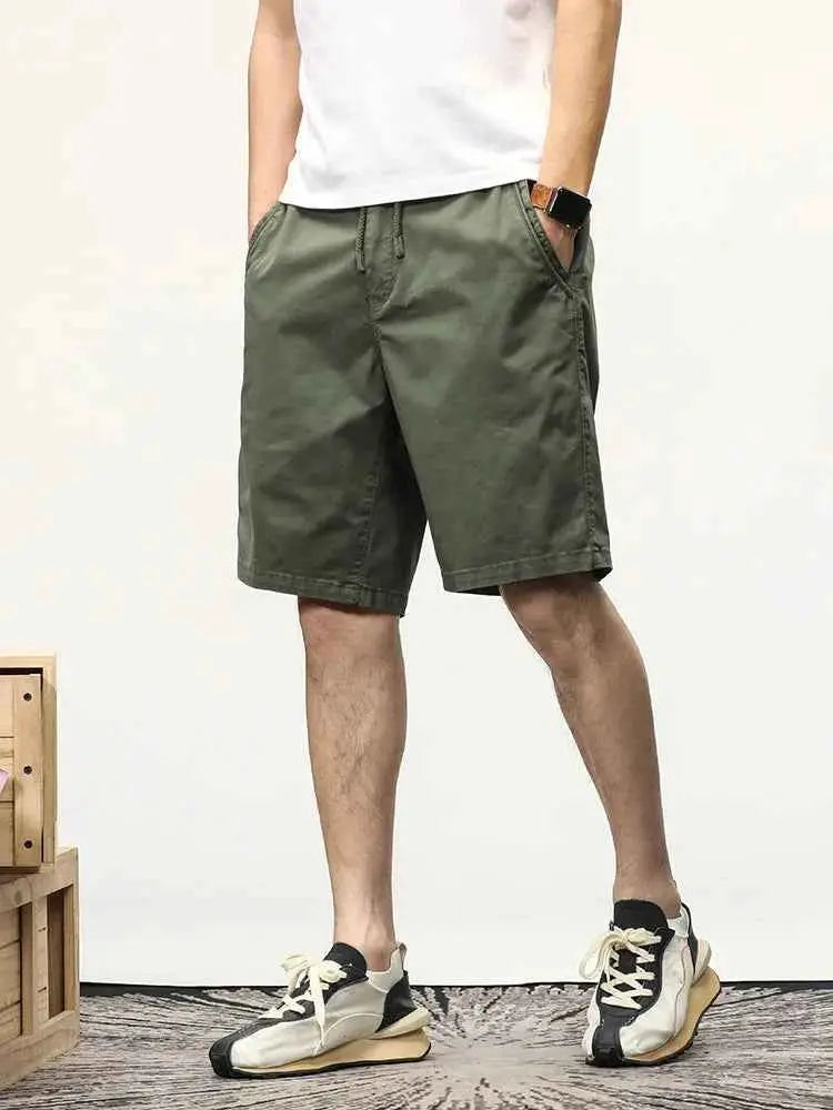 Summer Casual Men Elastic Waist Stretch Cotton Drawstring Cargo Shorts Bermuda Relaxed Workwear