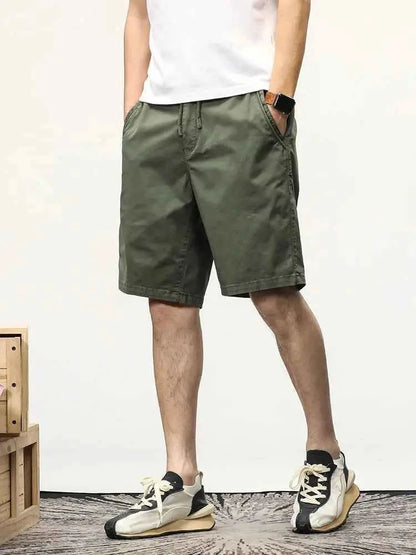 Summer Casual Men Elastic Waist Stretch Cotton Drawstring Cargo Shorts Bermuda Relaxed Workwear
