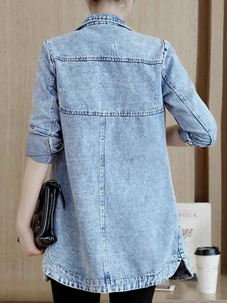 Zoki Autumn Women Denim Jacket Ripped Blue Long Sleeve Slim Fit Cotton Outwear 5XL