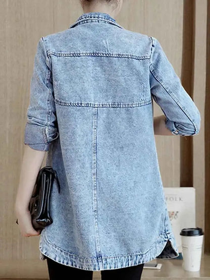 Zoki Autumn Women Denim Jacket Ripped Blue Long Sleeve Slim Fit Cotton Outwear 5XL