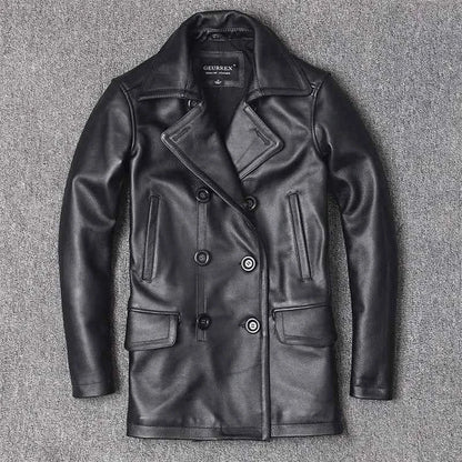 Genuine Leather Jacket For Men Top Layer Cowhide Mid Length Slim Fit Double Breasted Lapel Windbreaker