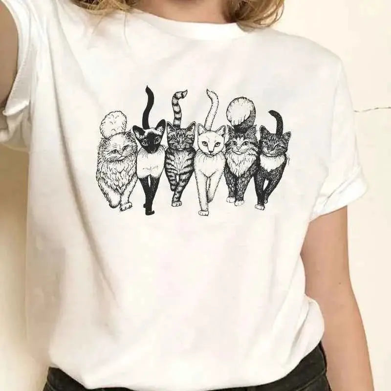 Cat Gang Drawing Womens T Shirt Graphic Tee Soft Cotton Casual Fit For Women TeenStylo