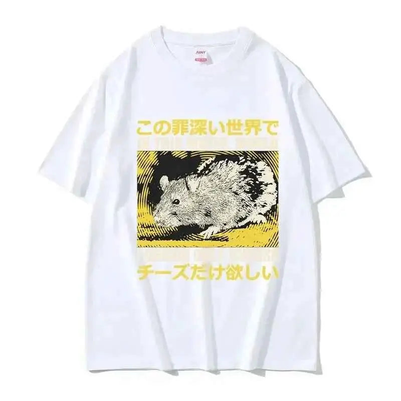Lost In The Cheese Rat Print Meme T Shirt For Men Women Oversized Short Sleeve Streetwear Summer Tee Tops