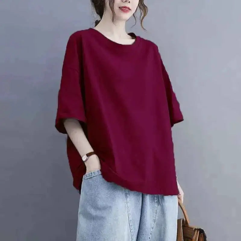Oversized Womens Casual Korean Solid Color O Neck Short Sleeve T Shirt Summer Loose Pullover Top Tee