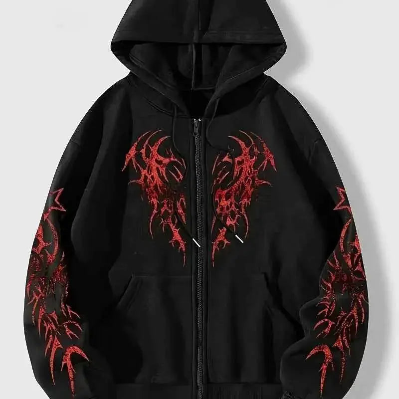 New Hooded Zip Up Hoodie Unisex Winter 100 Percent Cotton Gothic Print Vintage Fleece Sweatshirt Y2K Oversized